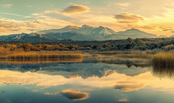 Scenic sunset view of a mountain range with golden light reflecting on a calm lake, soft pastel tones, peaceful and serene atmosphere, panoramic view, sharp detail,