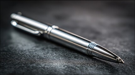 Sleek silver pen resting on a muted desk setup, dramatic lighting
