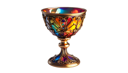 Ornate, jewel-toned chalice glows, stained glass design, isolated black
