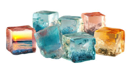 Glowing ice cubes reflecting ocean sunset isolated on white background for refreshing beverage concept and vibrant summer drink illustration