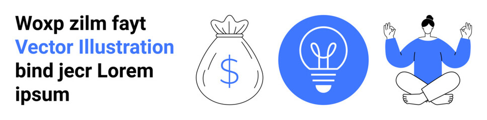 Finance, creativity, mindfulness, innovation, investment, personal growth. A money bag, light bulb and meditating person. Financial growth and creativity concepts by icons © robu_s