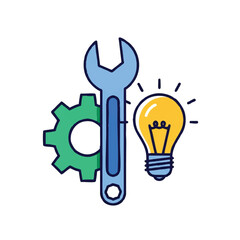 Cartoon illustration of a wrench, gear, and lightbulb in a cute, colorful design with a creative and innovative mood against a clean white background.