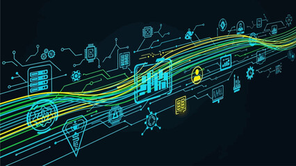 Digital abstract network of glowing lines and icons representing connectivity and data flow
