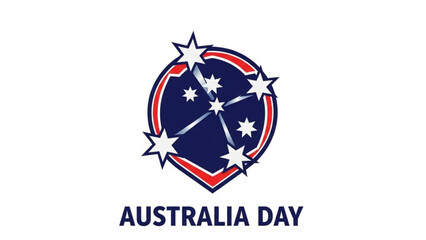 Australia day celebration logo with white stars on blue and red shield symbol on white background