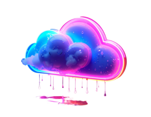 Vibrant cloud illustration with neon glow and rain, isolated on black