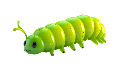 Green cartoon caterpillar with segmented body and tiny legs on black