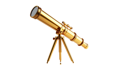 Gold telescope on a tripod, angled, against a black background