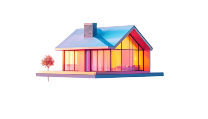 Minimalist house model bathed in sunset hues, with tree and chimney