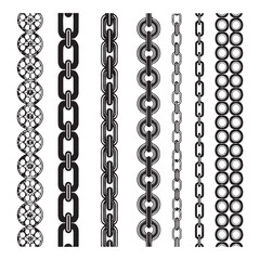 Diverse Chain Link Designs, A collection of black silhouette vector patterns featuring various styles of metal chains, including classic, ornate, and geometric links (3).eps