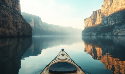 Scenic view of a kayak floating on a calm lake surrounded by towering cliffs, soft morning light reflecting on the water creating a serene escape,