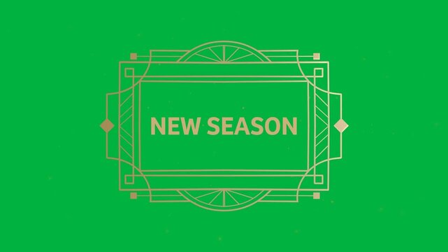 Animation of gold text new season, in decorative gold frame, on orange background