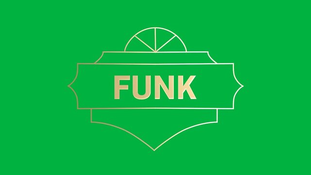 Animation of gold text funk, in decorative gold frame, on black background