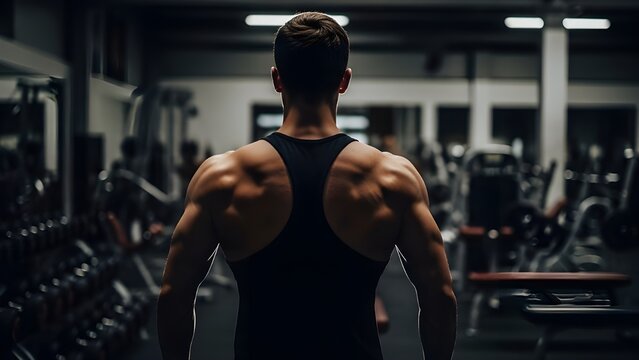 Muscular man standing with back to the camera in a dimly lit gym preparing for intense weight training.