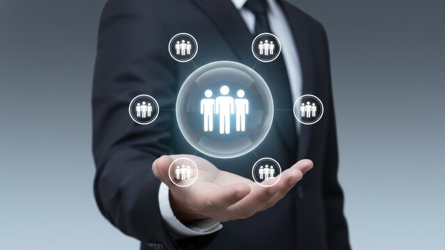 A business hand holding a glowing orb with team icons, representing leadership, community, and sponsorship network