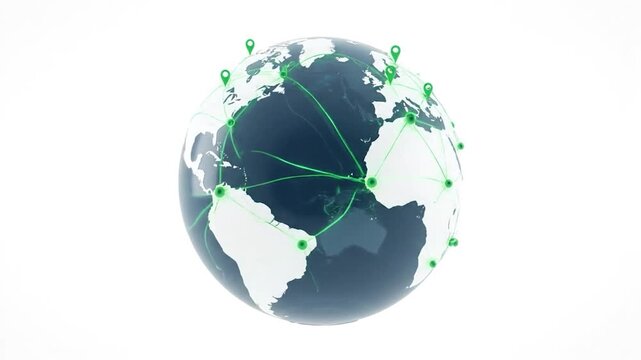 A glossy globe with interconnected green markers on a white background, representing global data