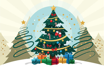 Festive christmas tree star and colorful illustration vector decorated holiday gifts ornaments snowy winter landscape graphic design.