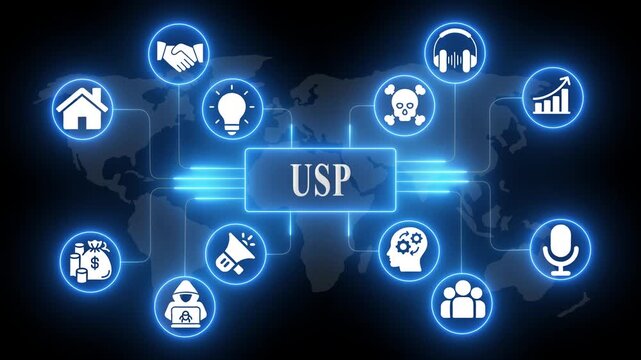 Unique proposition concept with glowing and map background for business marketing presentation glowing map background