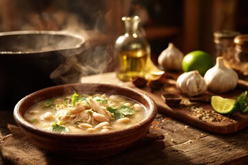 Steaming White Chicken Chili on a Wooden Table with Fresh Garnishes