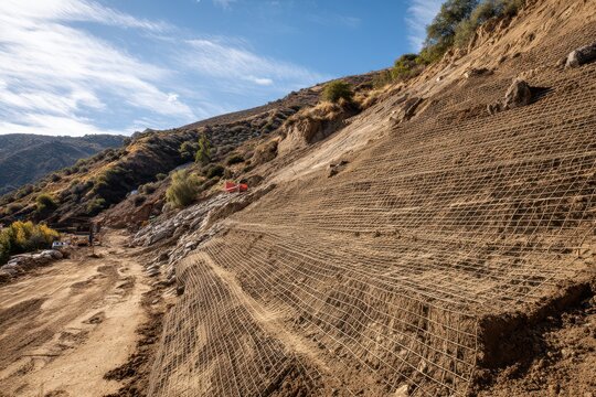 Steep hillside erosion control with geogrid grids and soil cover