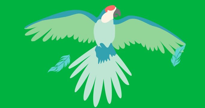 Digital animation of parrot icons against multiple feather icons falling against black background