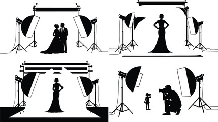 Obraz premium Professional fashion photography studio silhouettes with models, photographer, lighting equipment, softboxes and backdrop setup for creative photoshoot concepts