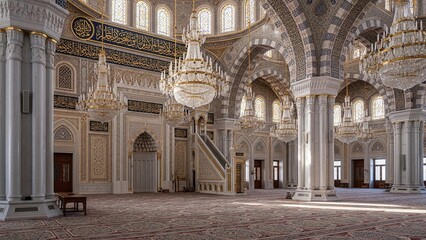 Obraz premium Stunning interior view of a grand mosque featuring elegant Islamic architecture, arches, chandeliers, and spiritual atmosphere.