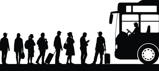 Public transport concept with passenger silhouettes waiting in line to board city bus, urban commute, travel and daily life illustration