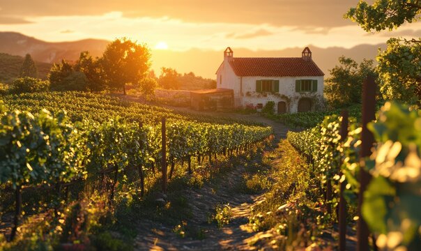 Scenic vineyard at sunset with golden light illuminating rows of grapevines and a rustic farmhouse in the background, capturing rural charm,