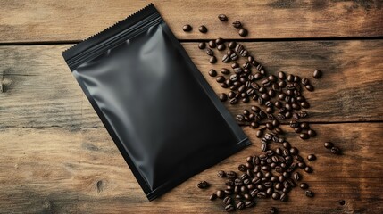 sleek matte black coffee bag mockup positioned next to scattered roasted beans on rustic wooden surface for packaging branding design