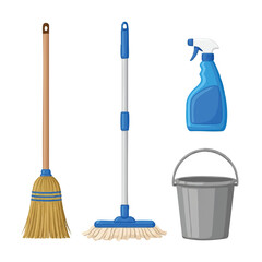 Cartoon illustration of cleaning supplies including a broom, mop, spray bottle, and bucket on a white background with a cute and colorful composition.