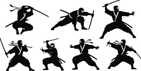 Set of black silhouettes of Japanese ninja warriors in various dynamic martial arts fighting poses holding katana swords. © Yeasrin