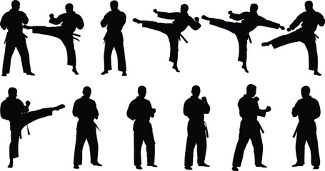 Set of black silhouettes of male karate fighters in kimono uniforms performing high kicks and combat stances. © Yeasrin