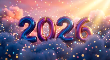 2026 New Year balloons floating in a dreamy sky with bokeh lights numbers