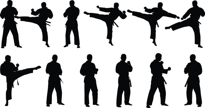 Set of black silhouettes of male karate fighters in kimono uniforms performing high kicks and combat stances.