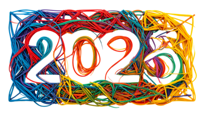 Colorful cables intricately form the numbers 2024 against a black background