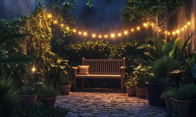 Serene backyard garden with a wooden bench surrounded by potted plants and glowing fairy lights, soft twilight enhancing the cozy and inviting space, perfect for summer evenings,
