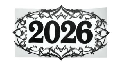 Black numbers "2026" inside a detailed metal frame on a white background