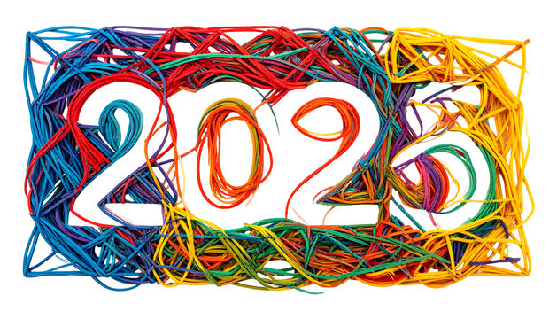 Colorful cables intricately form the numbers 2024 against a black background - Powered by Adobe
