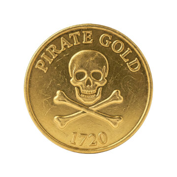 Gold pirate coin with skull and crossbones emblem