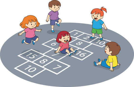 Happy children playing hopscotch with numbers, fun outdoor activity illustration for kids physical education and school games