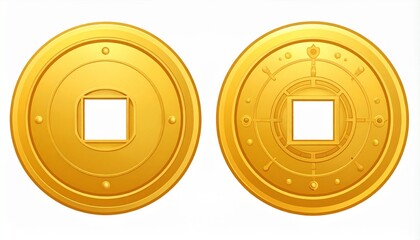 Vector illustration of traditional Chinese money coins, round shape with square hole, flat design, clean lines, gold color palette, isolated on white background, scalable stock illustration.