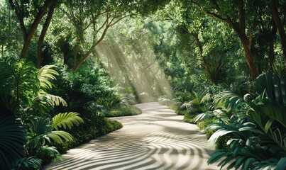 Serene forest path lined with dense greenery, with soft sunlight streaming through the trees and creating intricate patterns on the ground