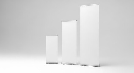 Three blank white rollup banners of various sizes, ideal for advertising, marketing, and events, isolated on white background