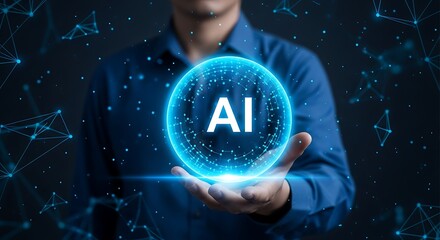 Person holding glowing blue sphere with A I symbol in dark background with network lines