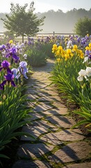 Colorful garden with vibrant irises flowers. © Kuku
