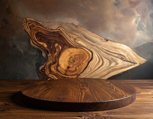 Rustic wood display. Wood round, slab, muted backdrop