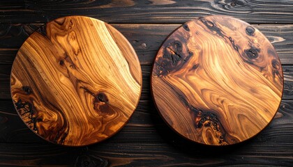 Two wooden circular boards with swirling grains on dark boards