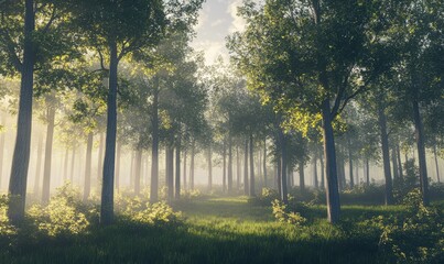 Serene misty forest with tall trees fading into the distance, illuminated by soft morning light that highlights their outlines