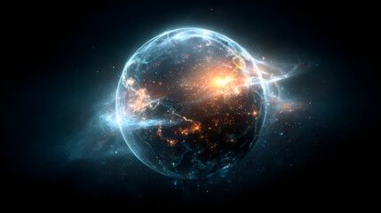Obraz premium Glowing abstract planet made of light and energy with vibrant blue and orange hues