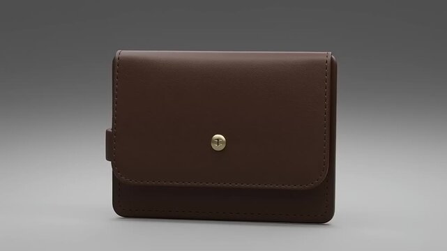 Elegant brown wallet displayed on a smooth gray surface, showcasing its stylish design and clasp